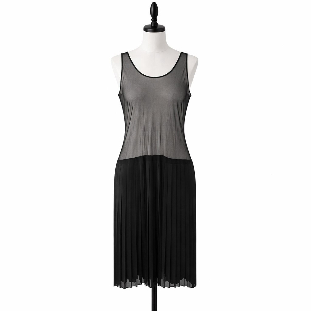 Vintage Black Sheer Bodice Pleated Dress Midi Chiffon Illusion Avant Garde Goth